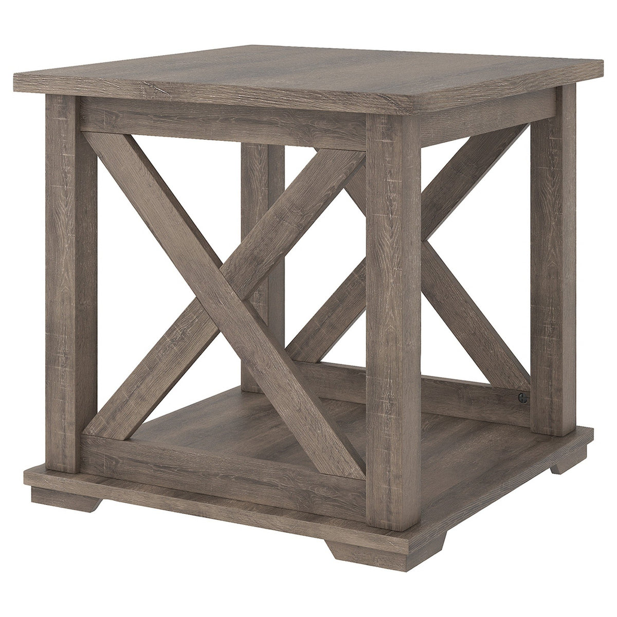 Wooden Square End Table with Bottom Shelf and Cross Design Sides, Brown - BM226540