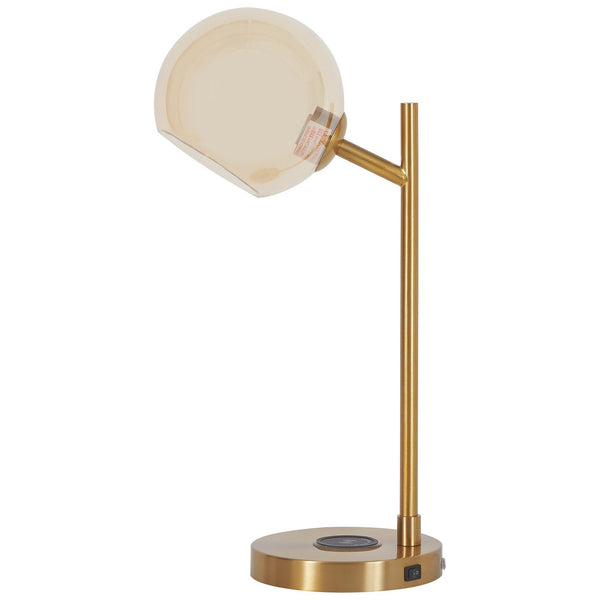 Metal Desk Lamp with Round Glass Shade and Wireless Charger, Gold - BM226571