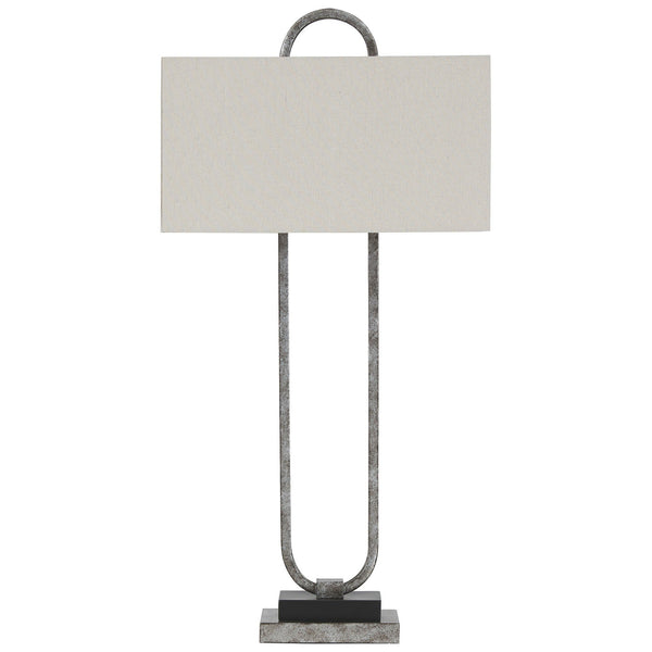 Open Capsule Metal Body Table Lamp with Fabric Drum Shade, Gray and White - BM226577
