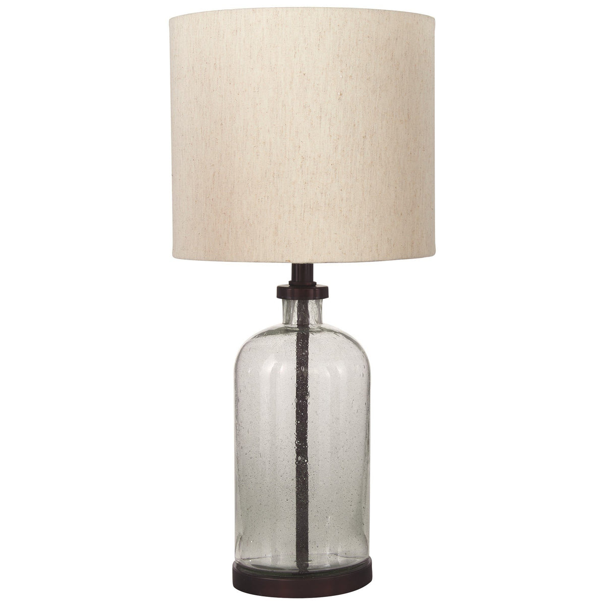 Cylindrical Seeded Glass Table Lamp with Fabric Drum Shade, Beige and Clear - BM226582