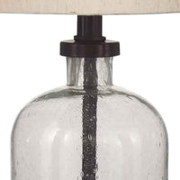 Cylindrical Seeded Glass Table Lamp with Fabric Drum Shade, Beige and Clear - BM226582