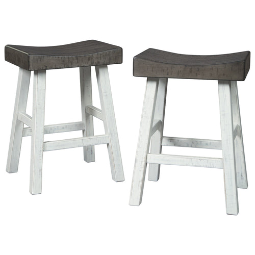 25 Inch Wooden Saddle Stool with Angular Legs, Set of 2, Brown and White - BM227037