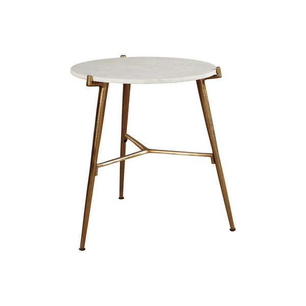 Round Marble Top  Accent Table with Angled Metal Legs, Gold and White - BM227082