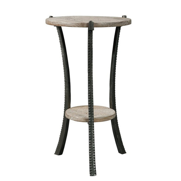 Round Wooden Top Accent Table with Flared Metal Legs, Brown and Gray - BM227089