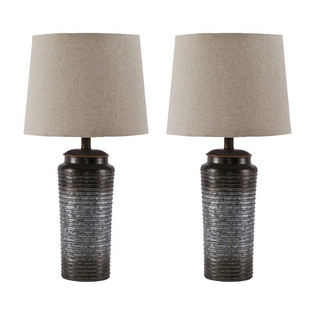 Ribbed Design Metal Body Table Lamp with Tapered Fabric Shade,Set of 2,Gray - BM227191