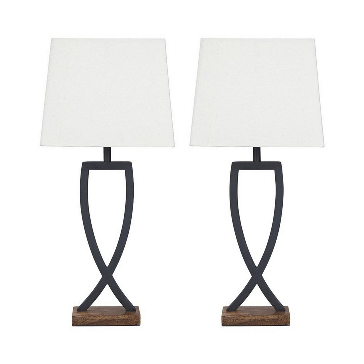 Criss Cross Metal Table Lamp with Fabric Shade, Set of 2, Gray and White - BM227192