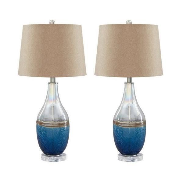 Vase Shape Frame Table Lamp with Fabric Shade, Set of 2, Beige and Blue - BM227353