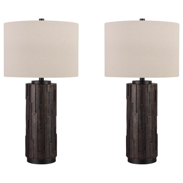 Textured Polyresin Frame Table Lamp with Drum Shade, Off White and Bronze - BM227374