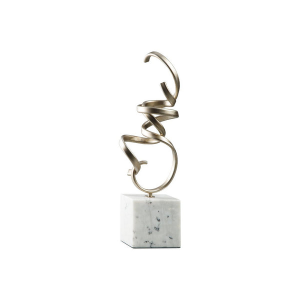 Twisted Scrolled Metal Sculpture with Marble Base, Champagne Gold and White - BM227395