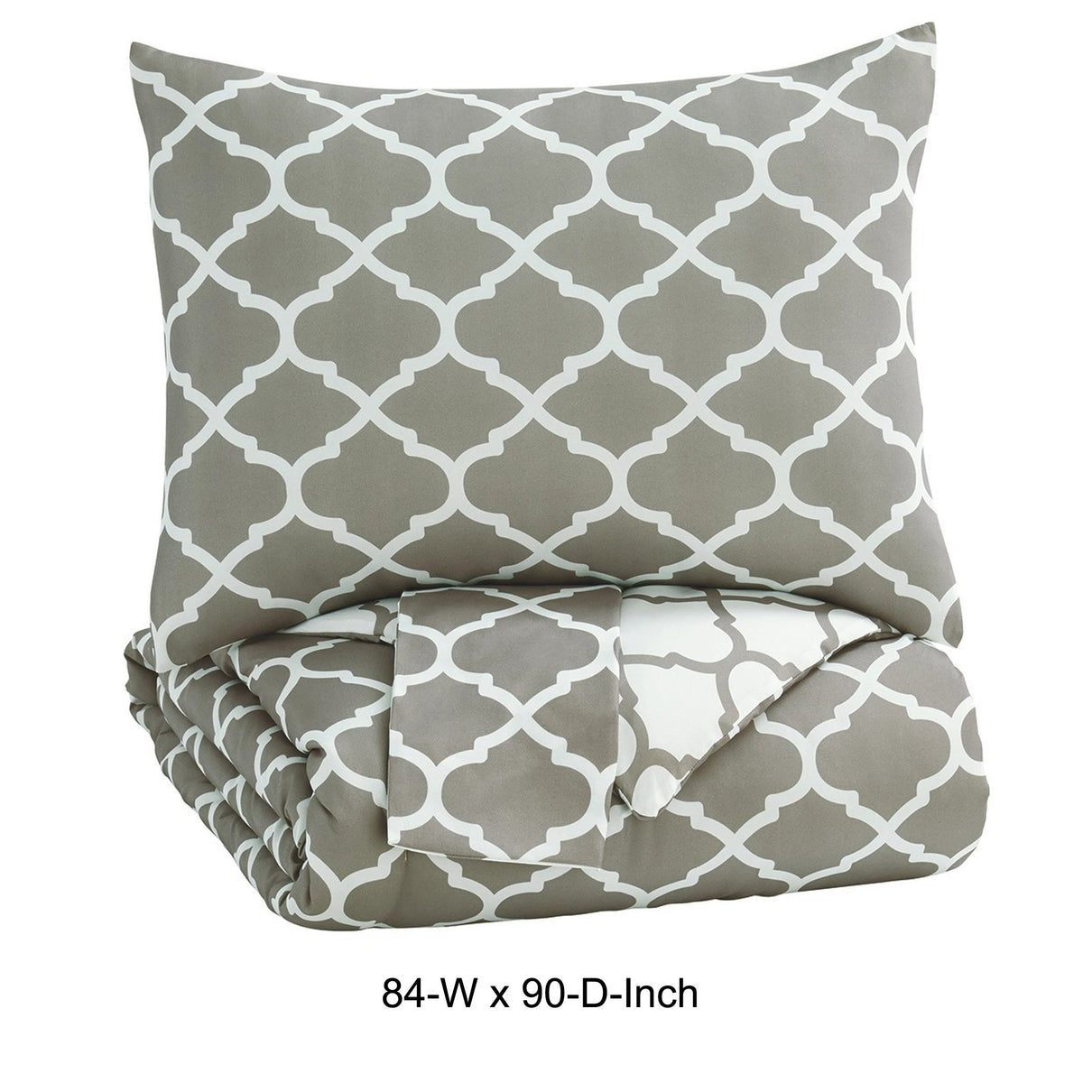 3 Piece Queen Comforter Set with Quatrefoil Design, Gray and White - BM227504