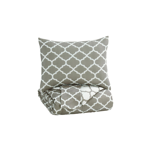 3 Piece Queen Comforter Set with Quatrefoil Design, Gray and White - BM227504