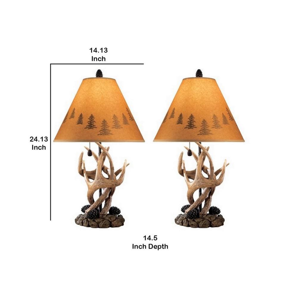 Resin Body Table Lamp with Antler and Pinecone Design, Set of 2, Brown - BM227560