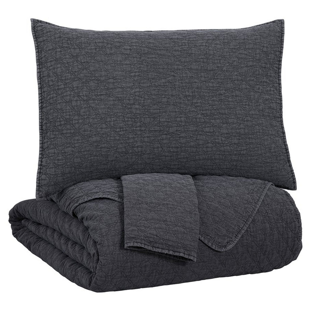 3 Piece Quilted Texture King Coverlet Set, Charcoal - BM227616