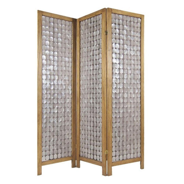 3 Panel Wooden Screen with Pearl Motif Accent, Brown and Silver - BM228613