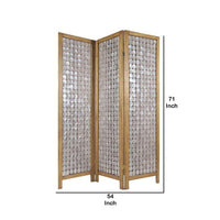 3 Panel Wooden Screen with Pearl Motif Accent, Brown and Silver - BM228613