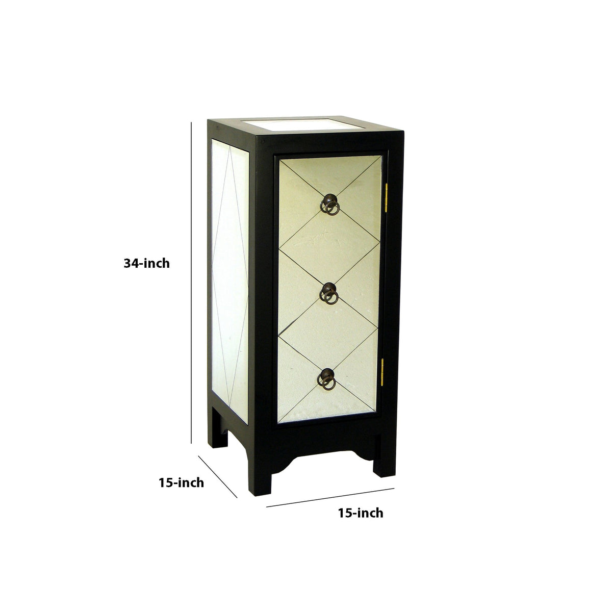 34 Inch Wood and Mirror Storage Chest with 1 Door, Black - BM229409