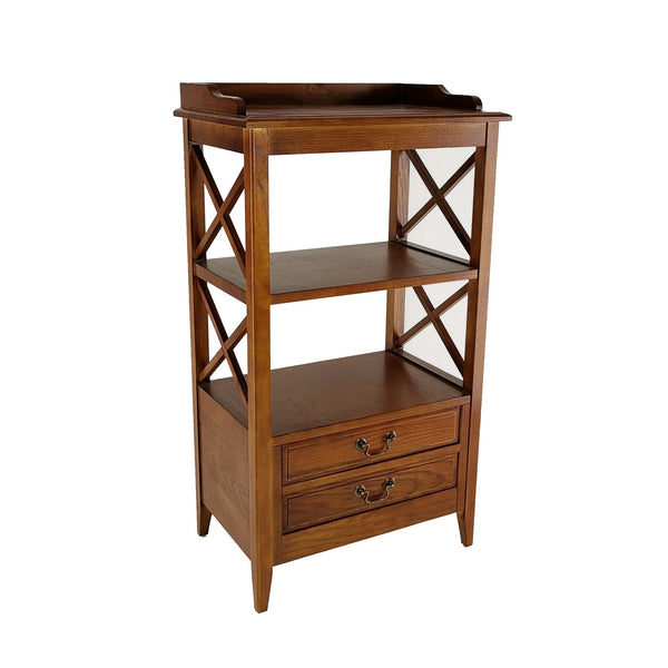 X Frame Wooden Rack with 2 Drawers and Open Shelf, Brown - BM229418