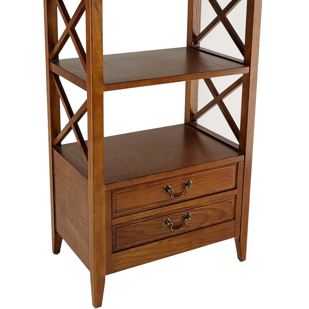 X Frame Wooden Rack with 2 Drawers and Open Shelf, Brown - BM229418