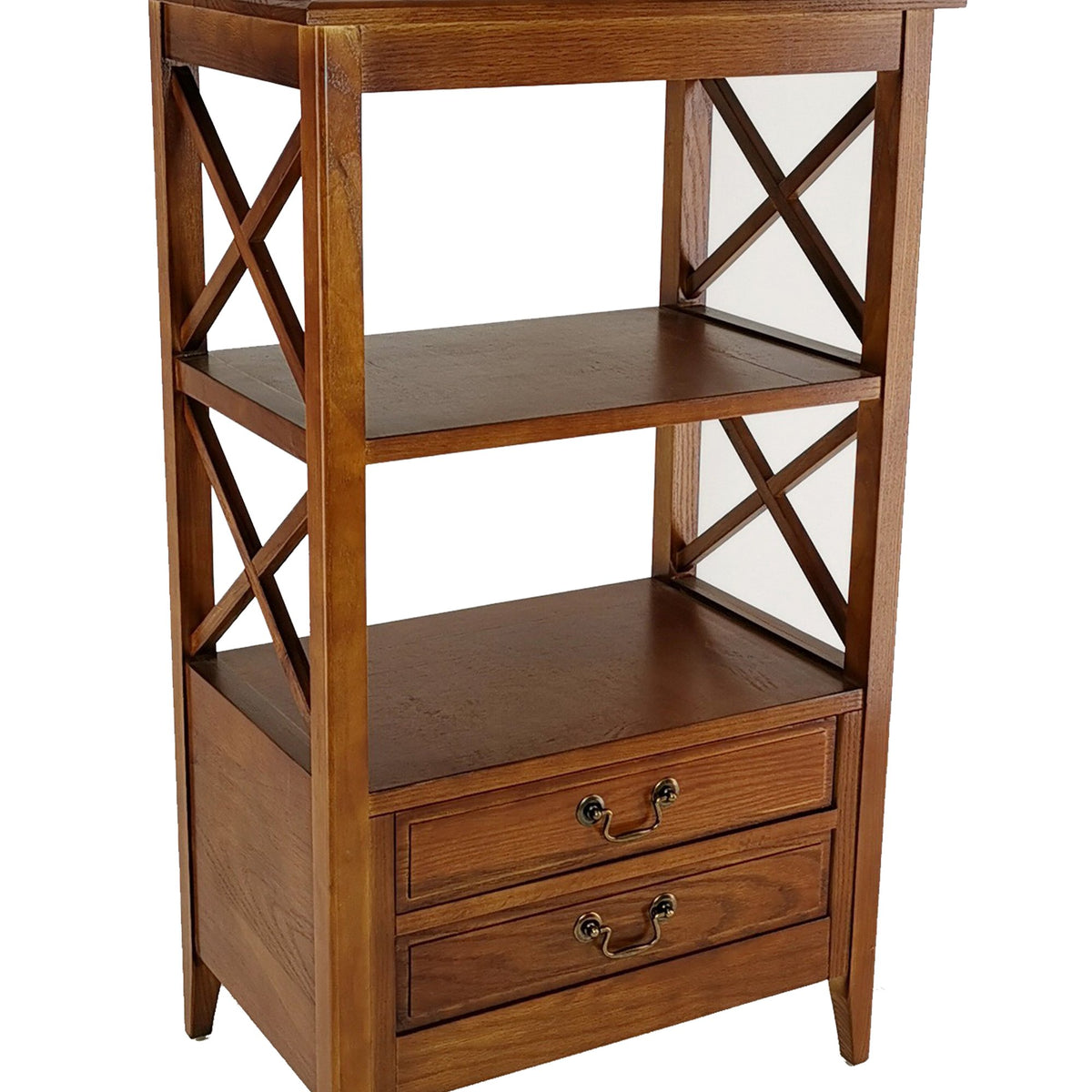 X Frame Wooden Rack with 2 Drawers and Open Shelf, Brown - BM229418