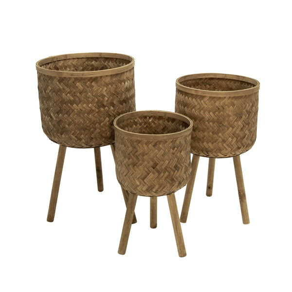 Round Bamboo Planters with Angled Tripod Legs, Set of 3, Brown - BM229452