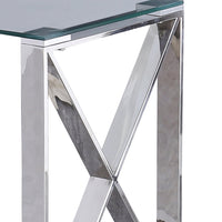 22 Inch Metal X Frame Glass Top Side Table, Silver - BM229541