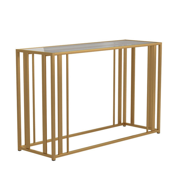 Glass Top Sofa Table with Metal Tubular Base, Brass - BM229642