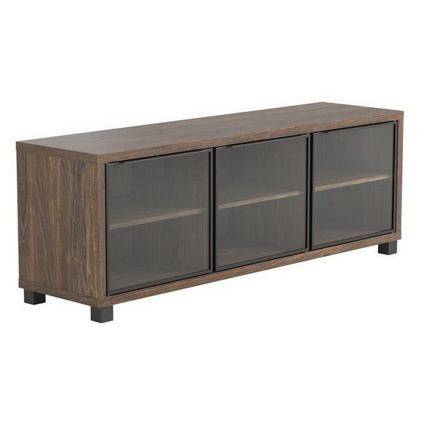 59 Inch Wooden TV Console with 3 Glass Door Storage, Brown - BM229643