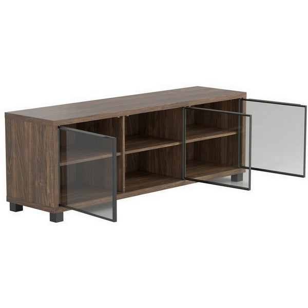 59 Inch Wooden TV Console with 3 Glass Door Storage, Brown - BM229643