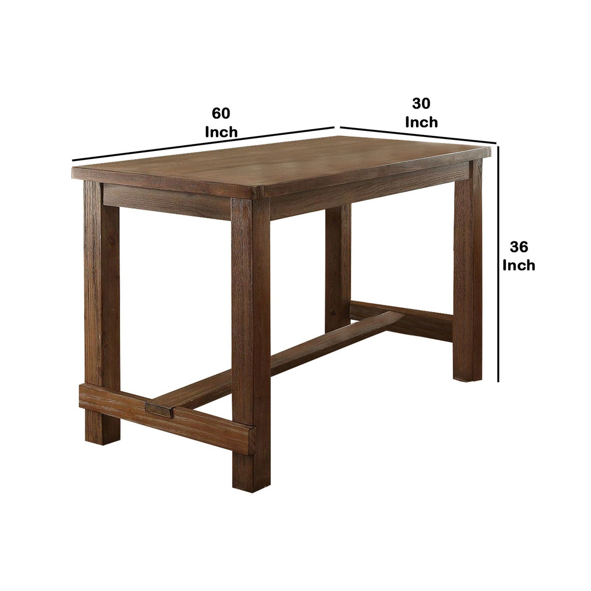 Rustic Plank Wooden Counter Height Table with Block Legs, Oak Brown - BM230024