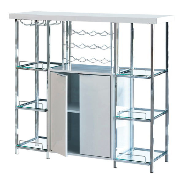 6 Glass Shelf Metal Frame Bar Cabinet with Power Outlet, Clear and Chrome - BM230376