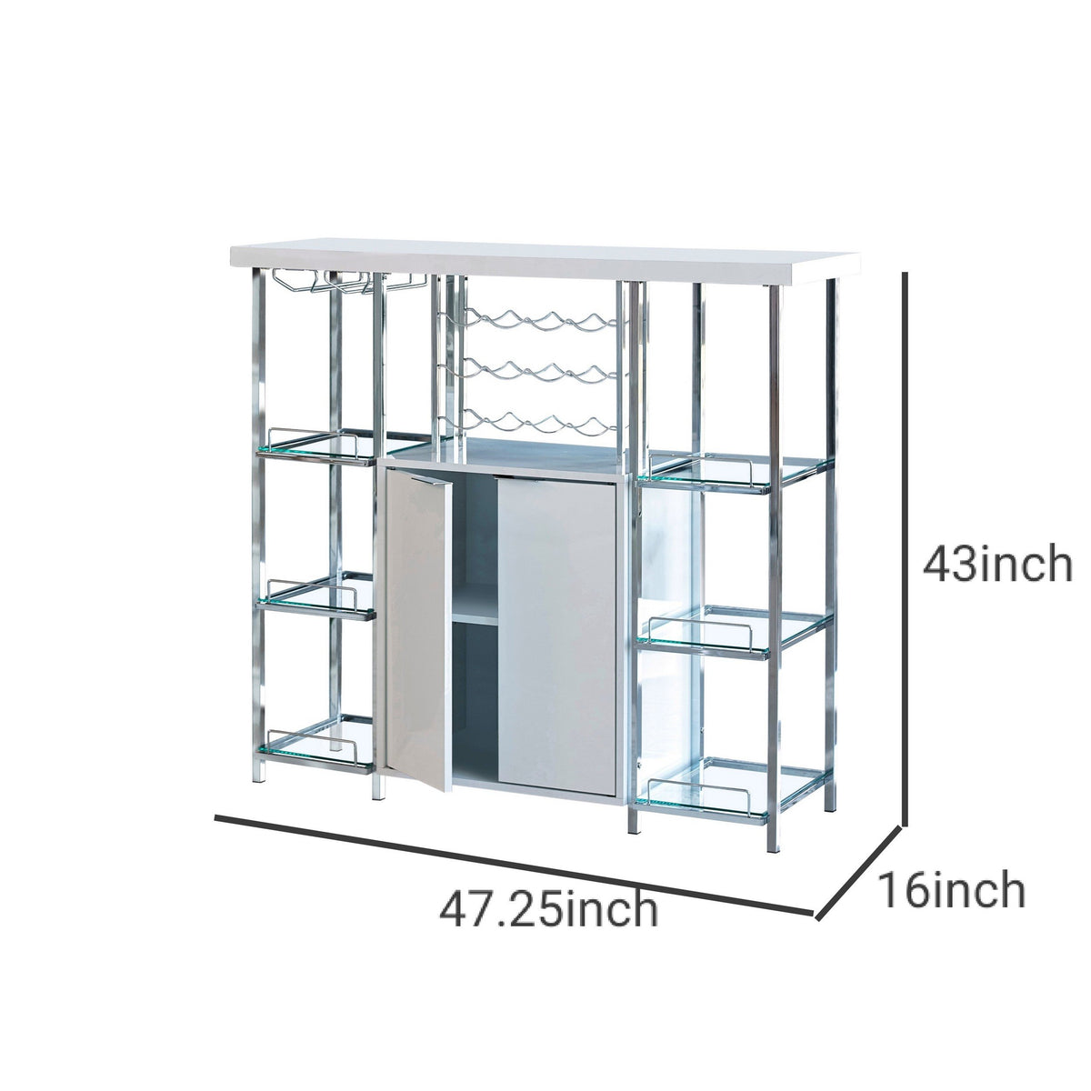 6 Glass Shelf Metal Frame Bar Cabinet with Power Outlet, Clear and Chrome - BM230376