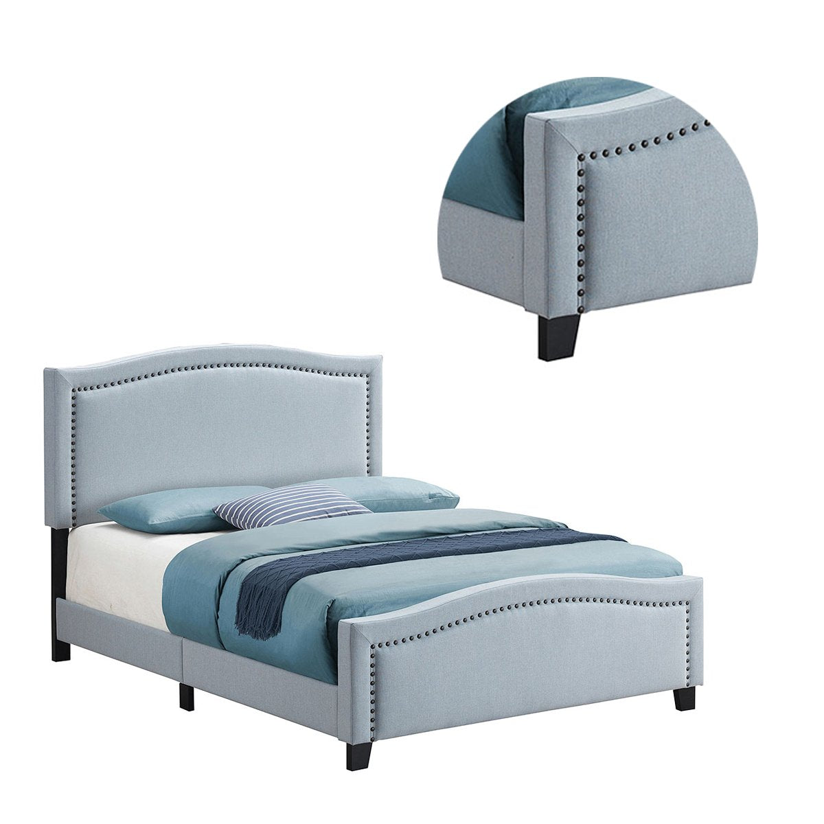 Fabric Upholstered Curved Design Queen Bed, Blue - BM230417