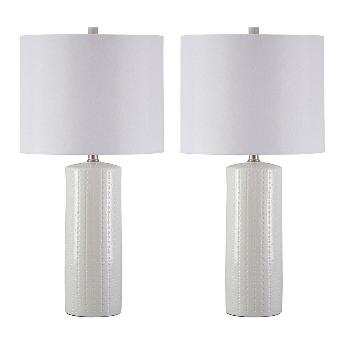 Carved Ceramic Base Table Lamp with Drum Shade, Set of 2, White - BM230953
