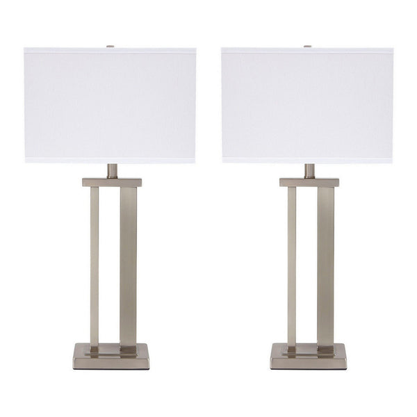 Metal Frame Table Lamp with Hardback Shade, Set of 2, White and Silver - BM230954