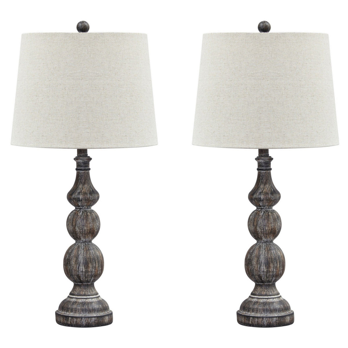 Polyresin Table Lamp with Turned Base, Set of 2, Brown and Off White - BM230958