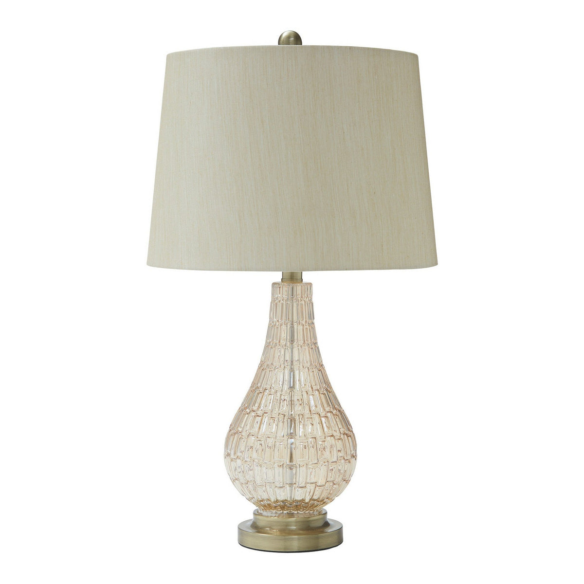 Bellied Glass Table Lamp with Fabric Drum Shade, Beige and Clear - BM230982