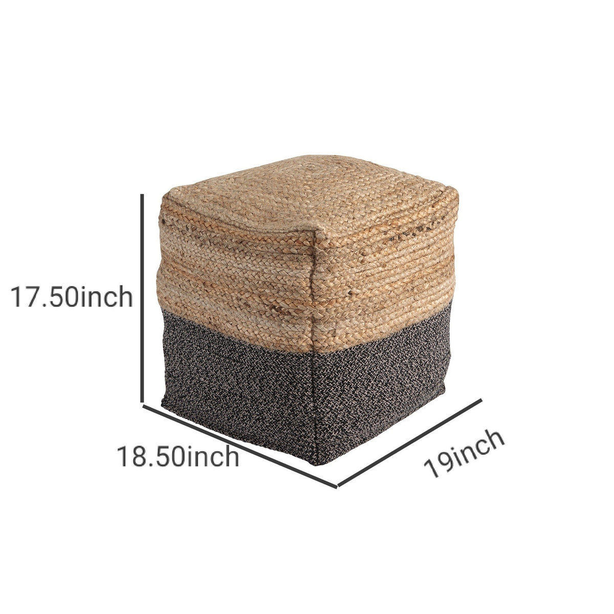 Cube Shape Jute Pouf with Braided Design, Black and Brown - BM231408