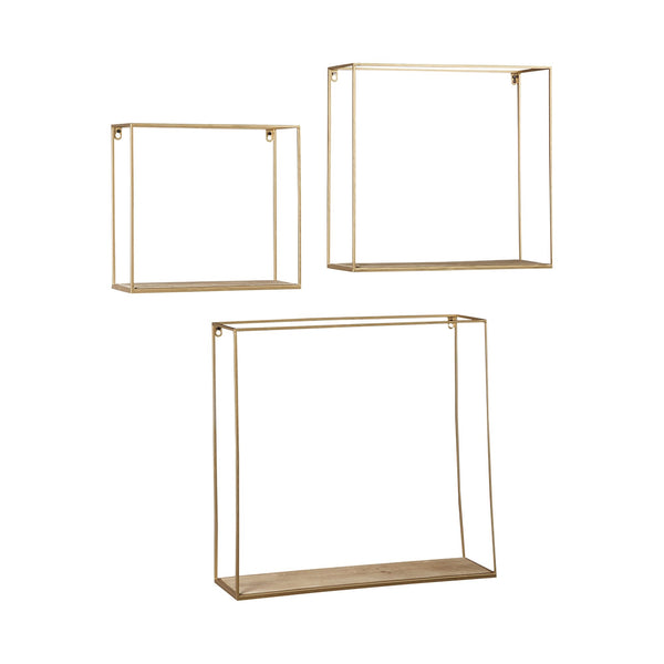 Metal Frame Wall Shelf with Keyhole Hanger, Set of 3, Gold - BM231417