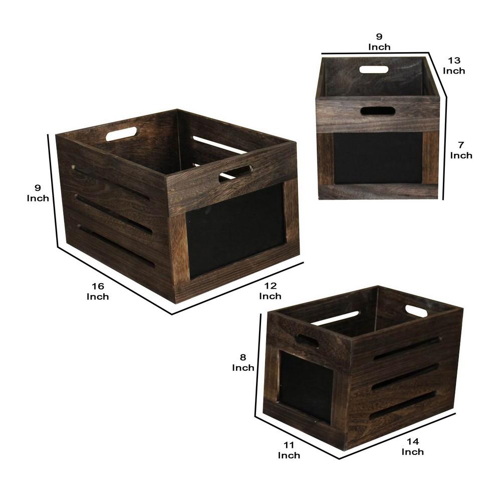 Cutout Design Wooden Box with Chalkboard Inserts, Set of 3, Brown and Black - BM231485