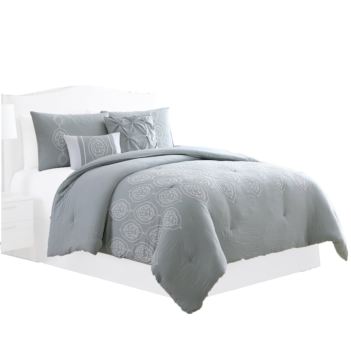Ohio 5 Piece Queen Comforter Set with Scrolled Motifs, Gray and White by The Urban Port - BM231608