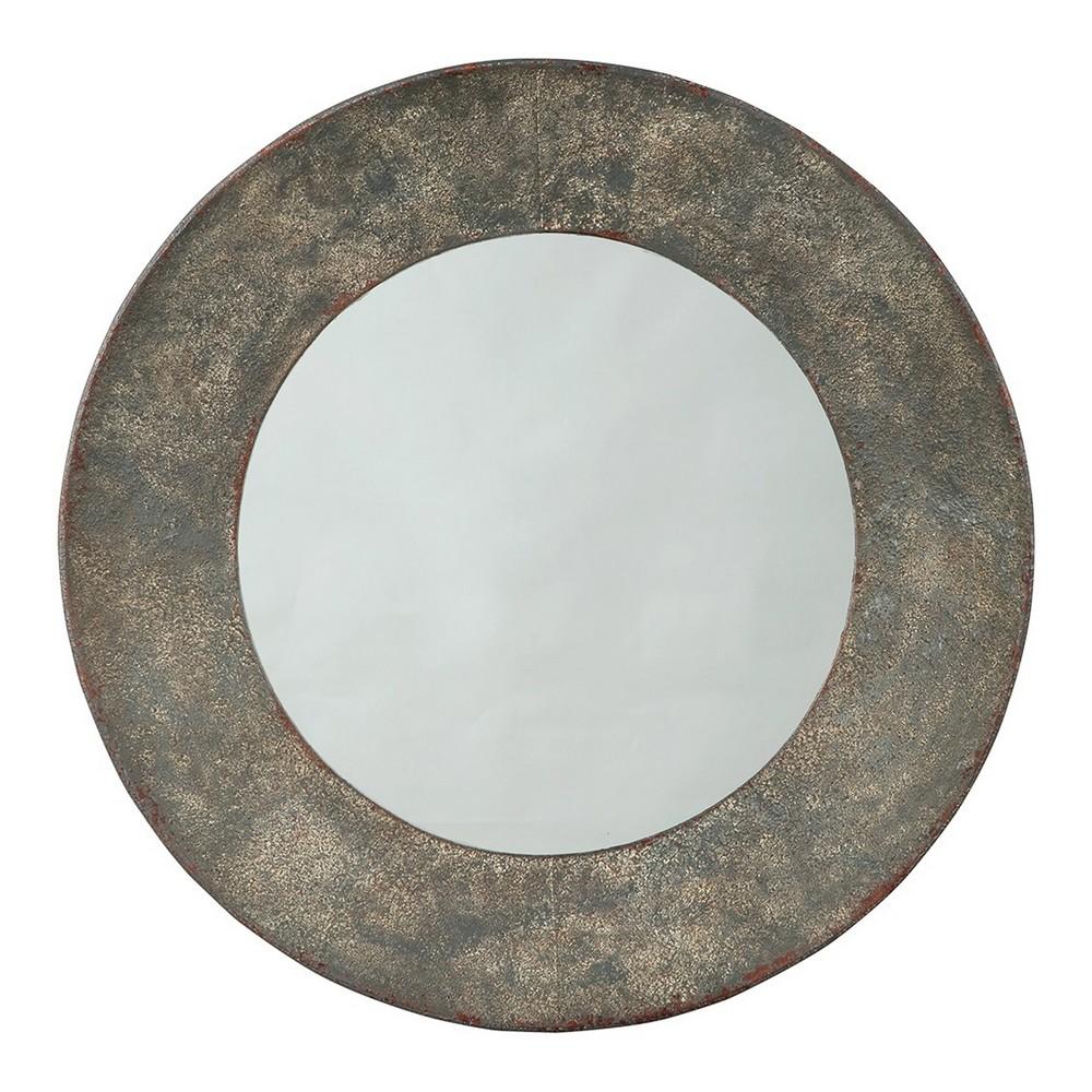 30.25 Inches Round Metal Encased Accent Mirror, Distressed Gray - BM231933