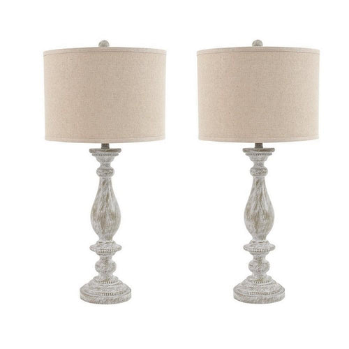 Drum Shade Table Lamp with Pedestal Base, Set of 2, Beige and Off White - BM231948