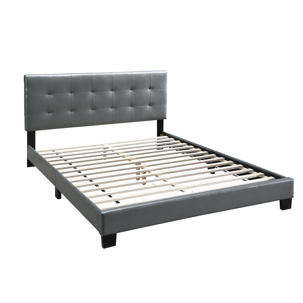 Queen Leatherette Bed with Checkered Tufted Headboard, Gray - BM232015