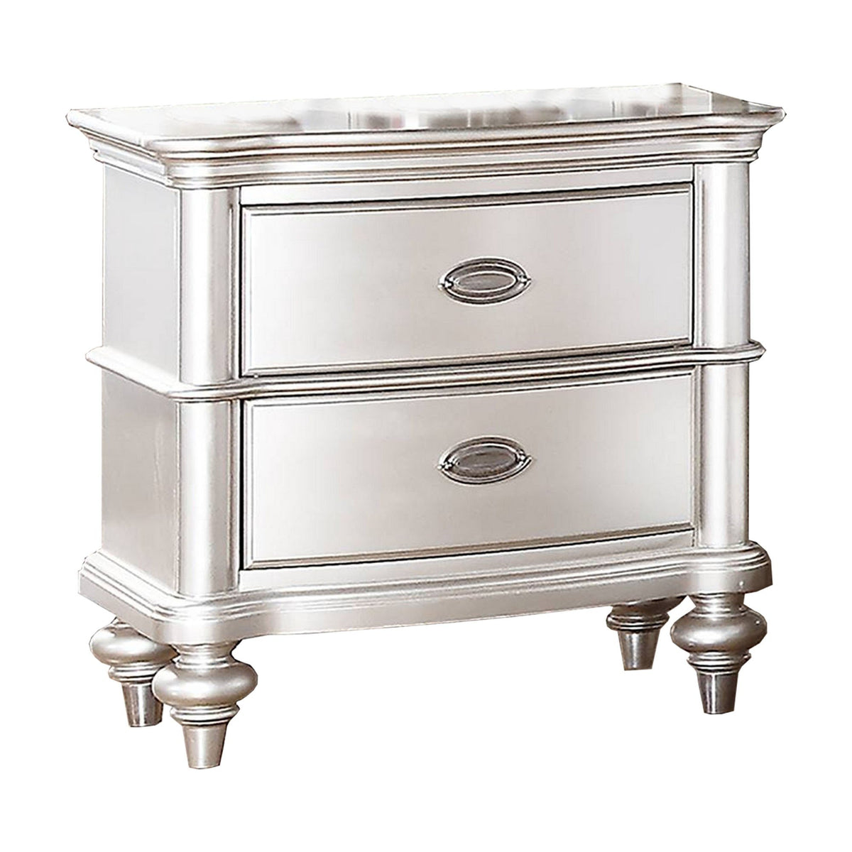 28 Inches 2 Drawer Wooden Nightstand with Turned Legs, Silver - BM232110