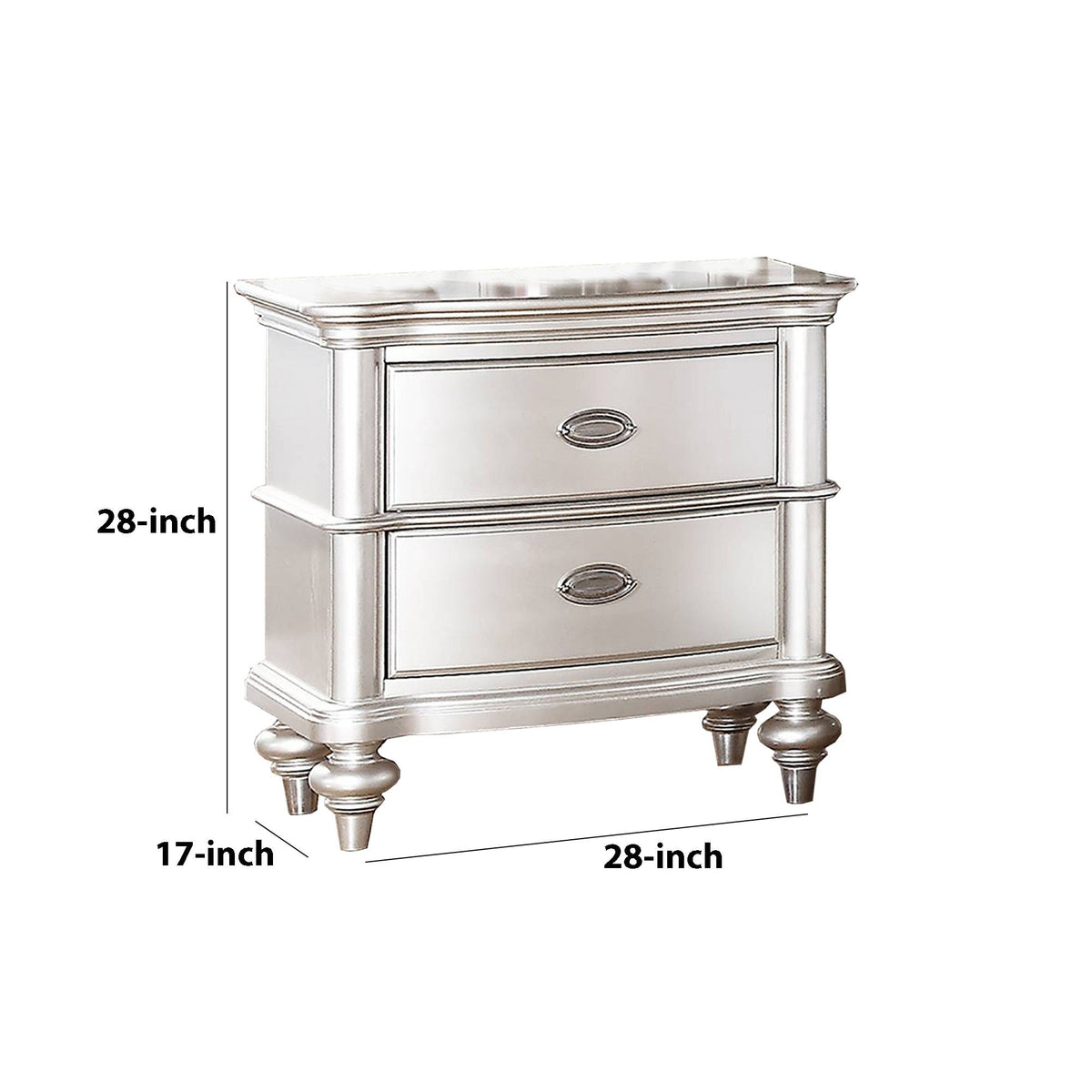 28 Inches 2 Drawer Wooden Nightstand with Turned Legs, Silver - BM232110