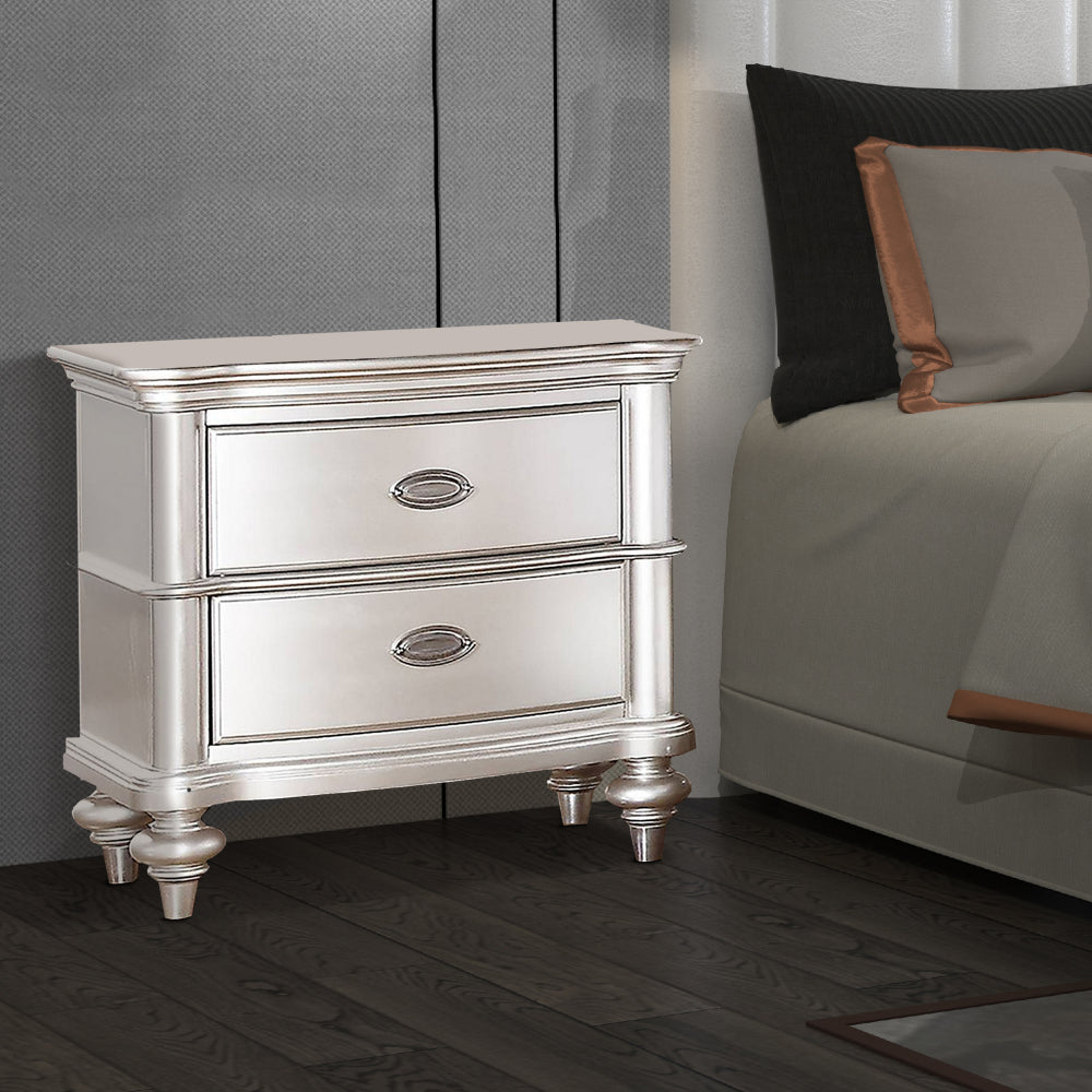 28 Inches 2 Drawer Wooden Nightstand with Turned Legs, Silver - BM232110