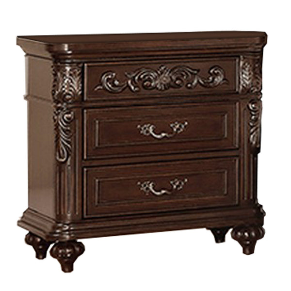 30 Inches 3 Drawer Engraved Wooden Nightstand, Brown - BM232130