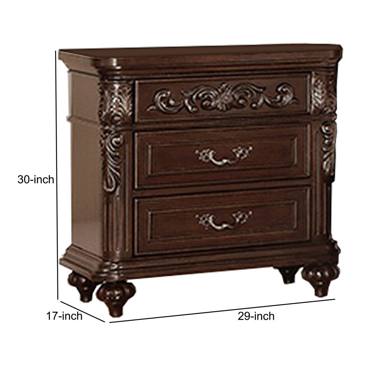30 Inches 3 Drawer Engraved Wooden Nightstand, Brown - BM232130