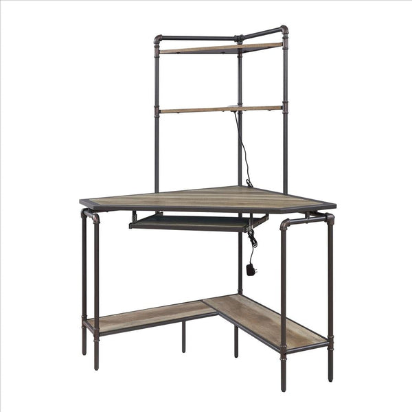 Wood and Metal Desk with 2 Shelf Hutch, Brown and Gray - BM232508