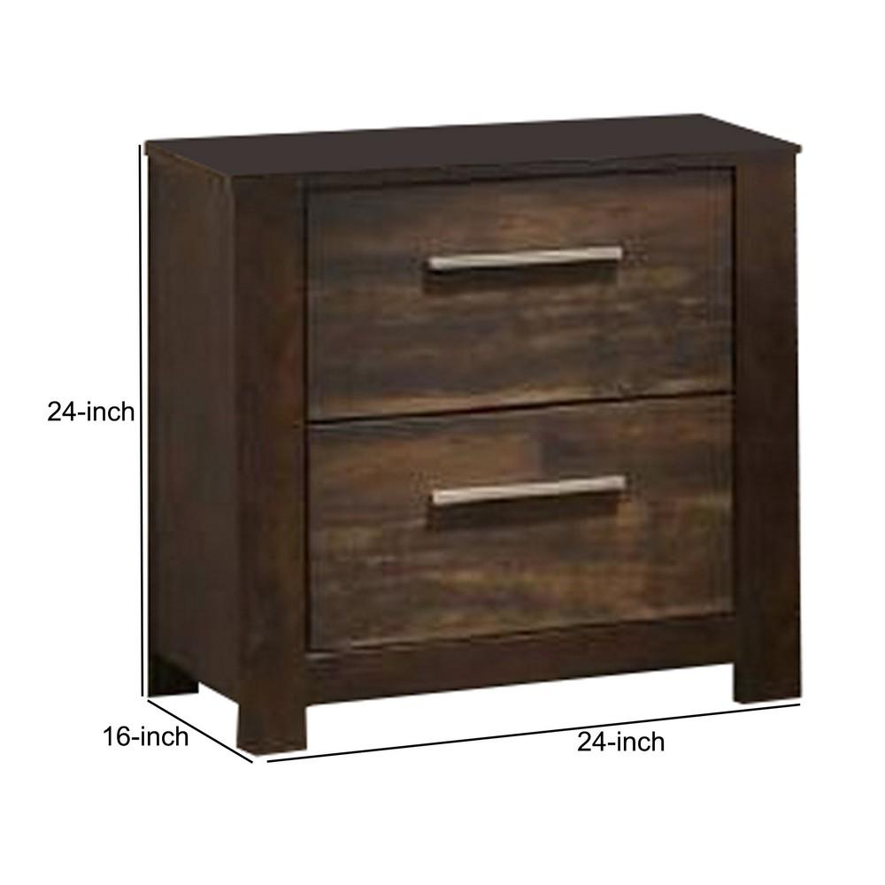 Wooden Nightstand with Two Drawers and Metal Bar Handles, Brown - BM232685